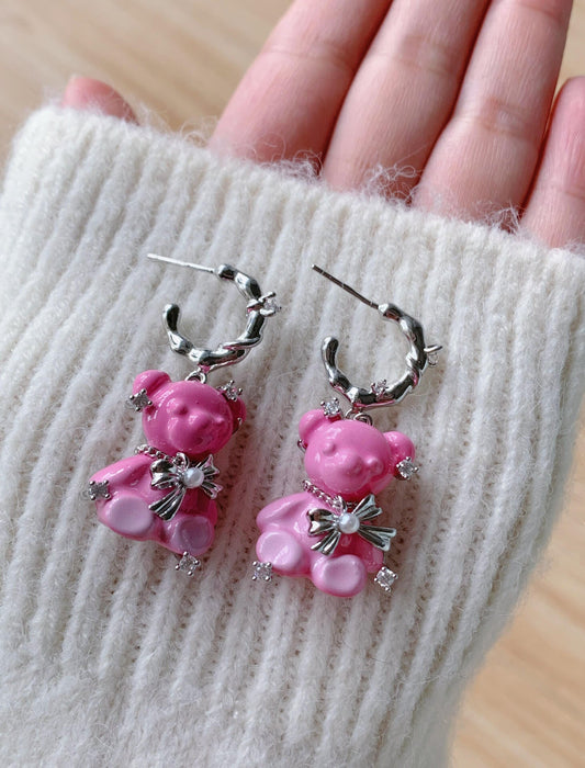 Pink Puff Bear Earrings