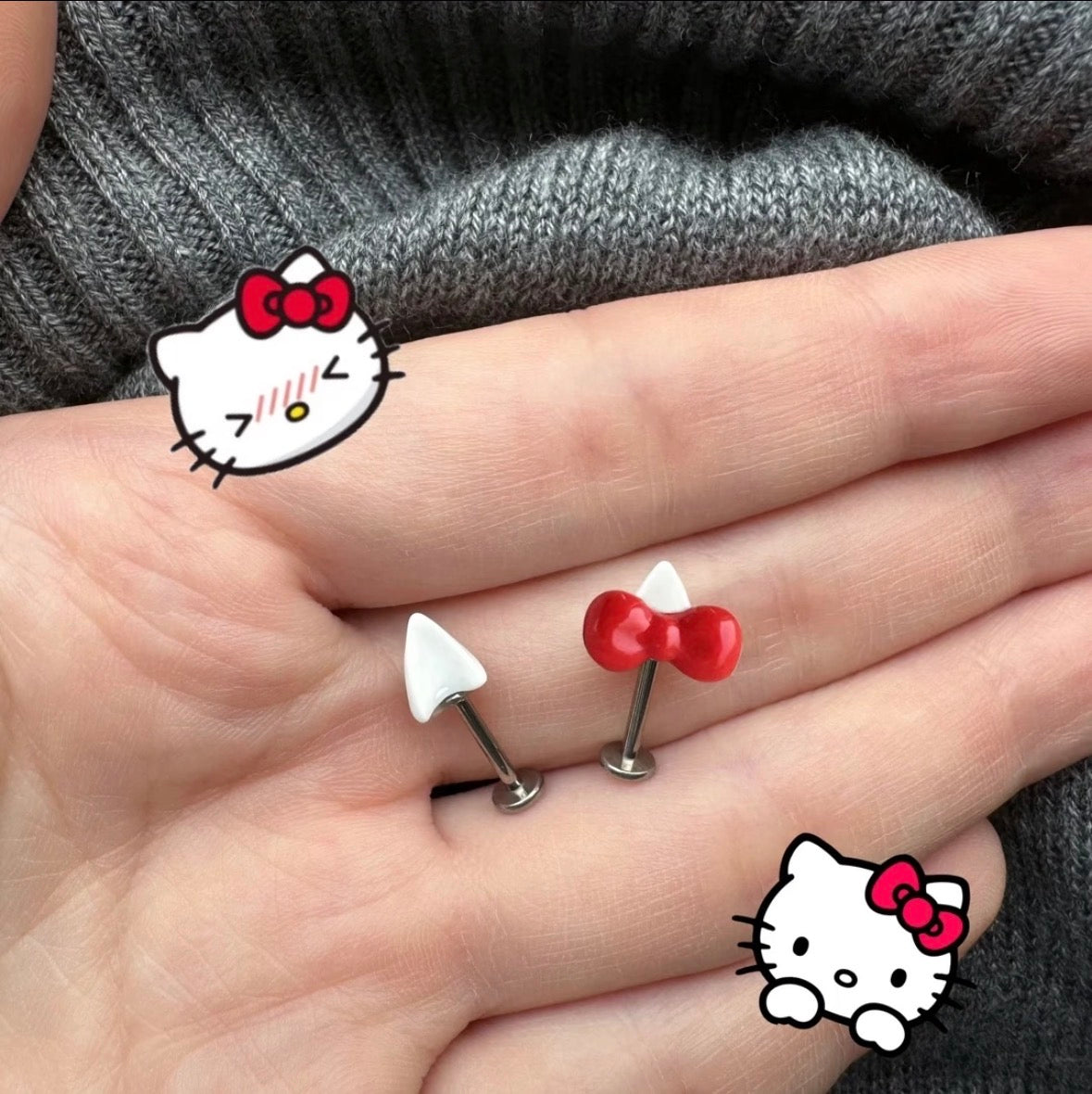 H-Kitty Charm Duo Vertical Helix Earrings