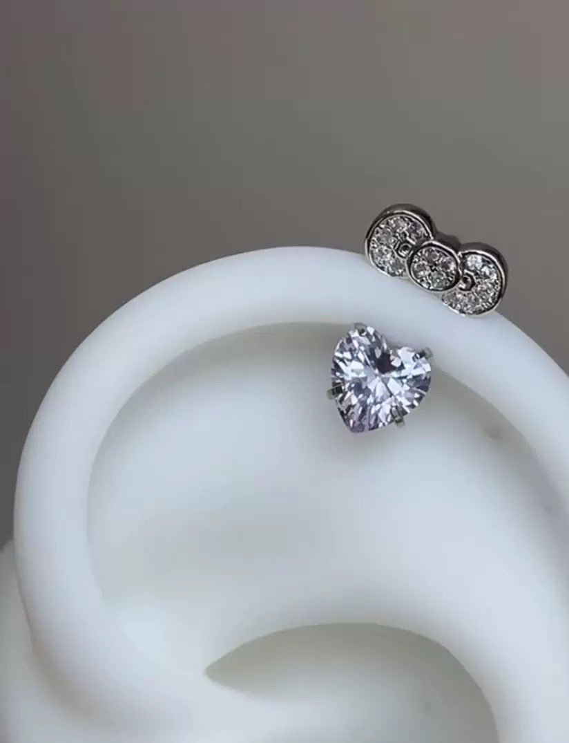 Silver Heart Kitty Helix Earrings