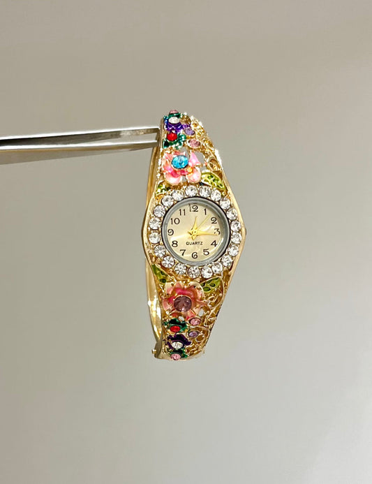 Vintage-Style Floral Enamel Bangle Watch