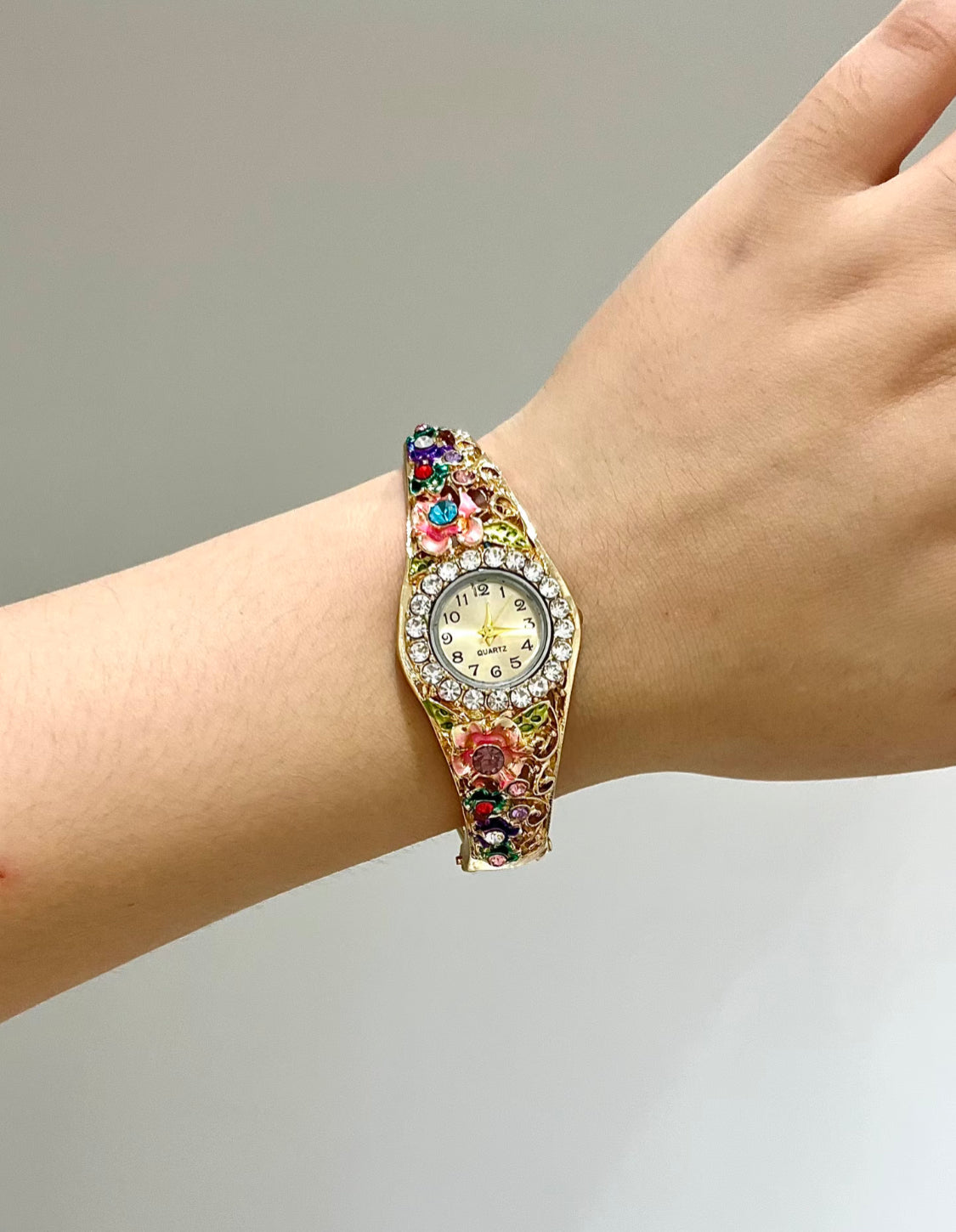 Vintage-Style Floral Enamel Bangle Watch