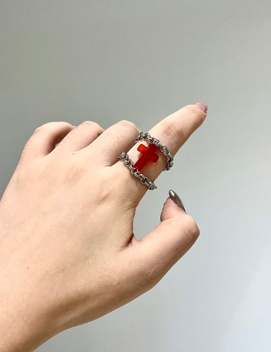 Red Glass Cross Double-Chain Ring