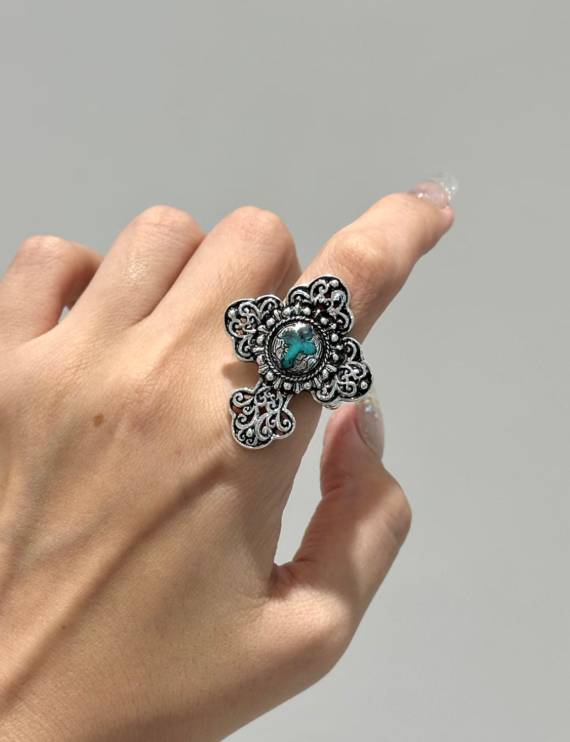 Antiqued Silver Filigree Cross Ring