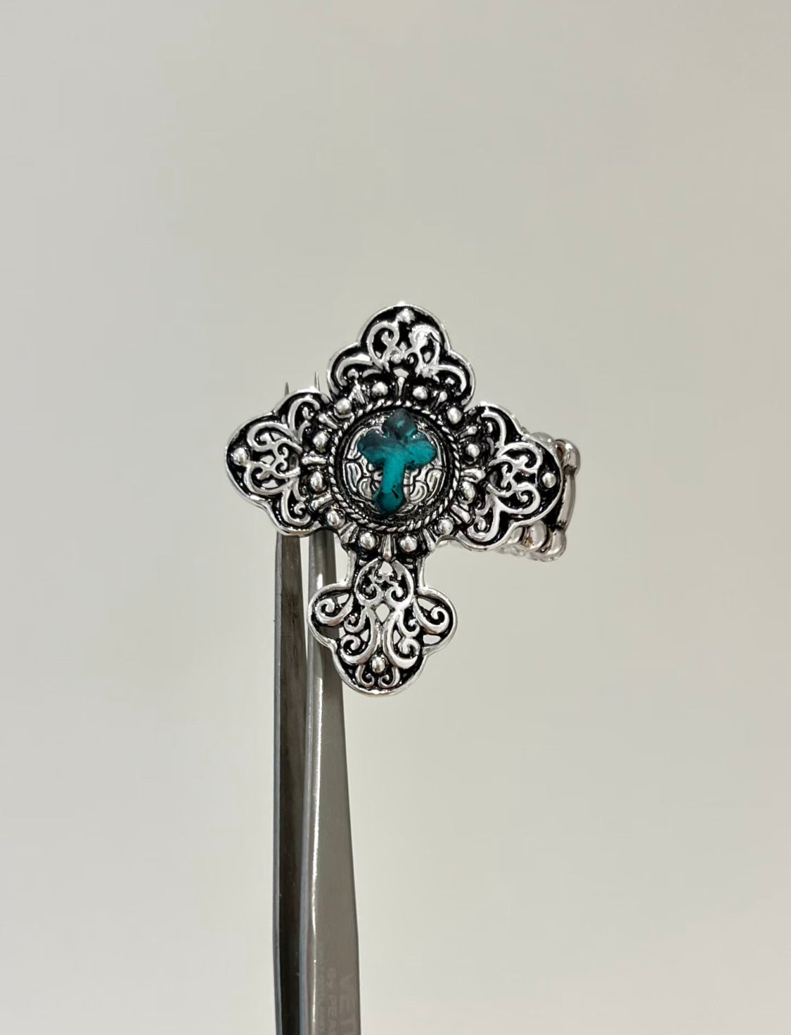 Antiqued Silver Filigree Cross Ring