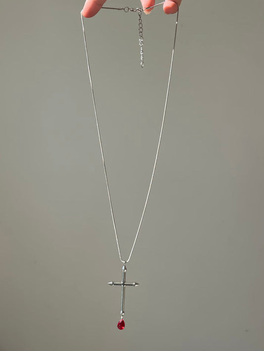 Ruby Drop Cross Necklace