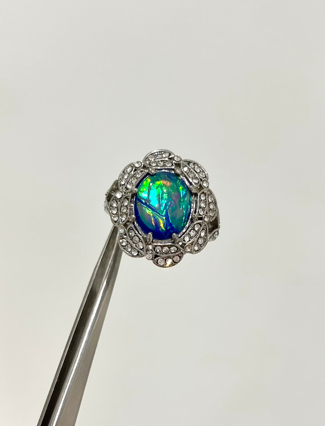 Iridescent Green Opal Floral Ring