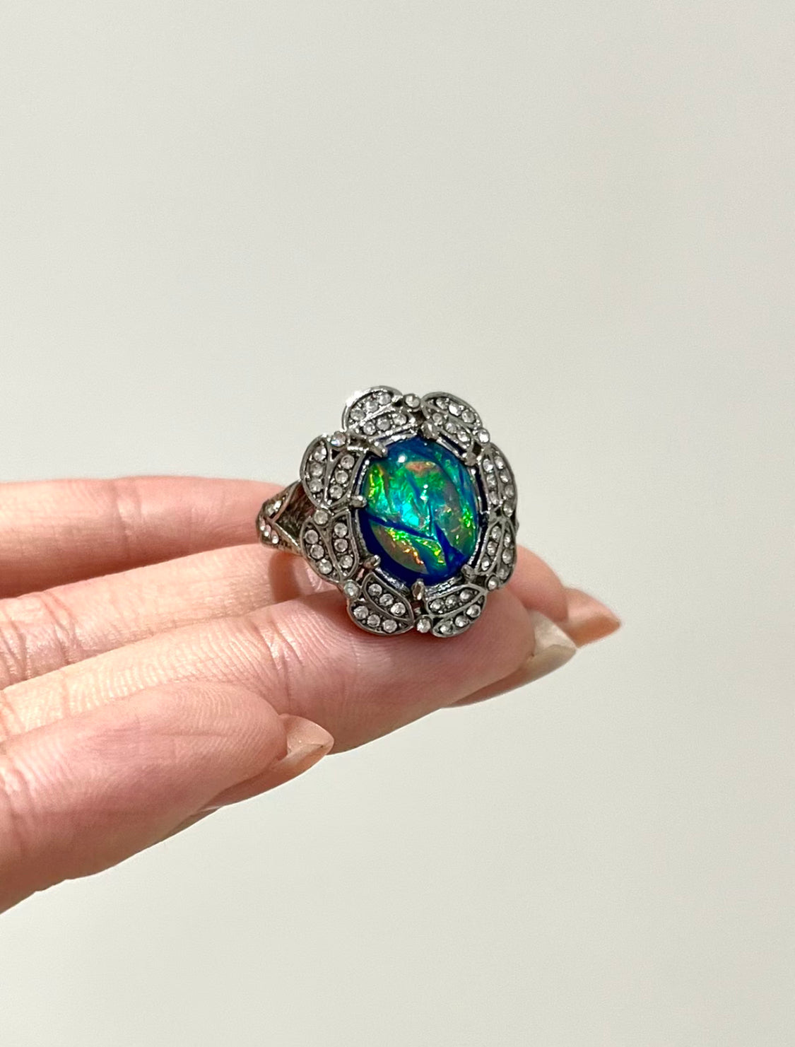 Iridescent Green Opal Floral Ring