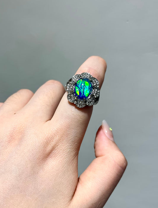 Iridescent Green Opal Floral Ring