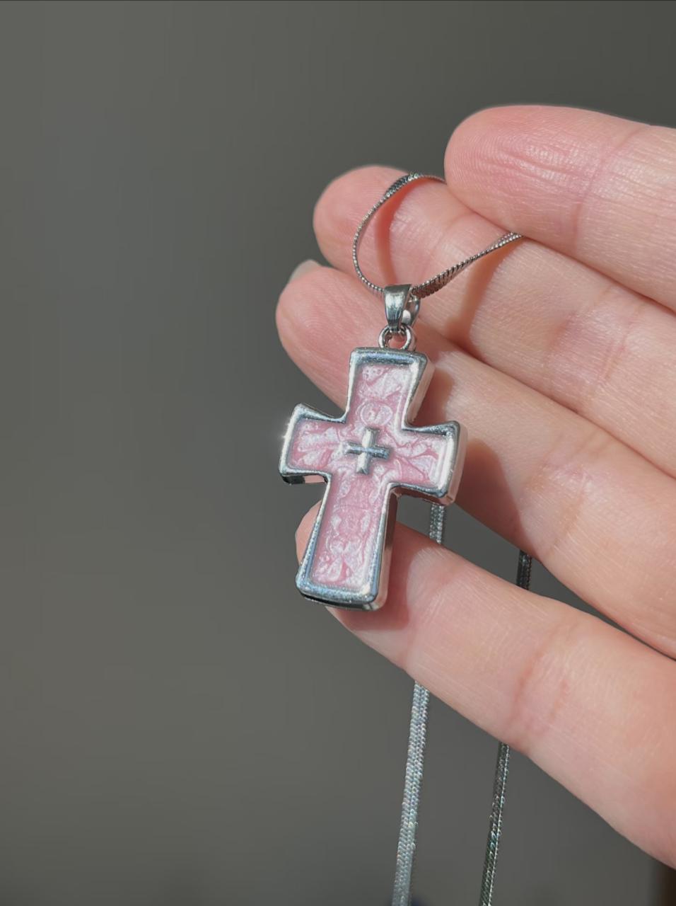 Pink Enamel Cross Necklace