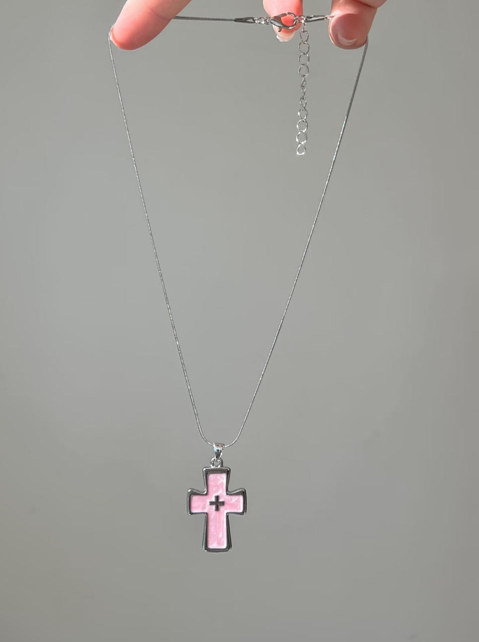 Pink Enamel Cross Necklace